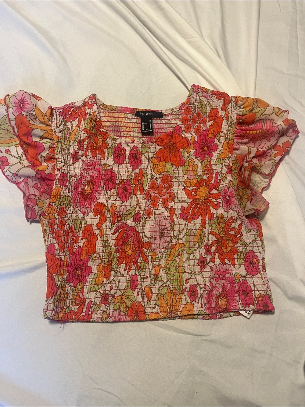 Forever 21 Pink & Orange Floral Smocked Crop Top with Flutter Sleeves